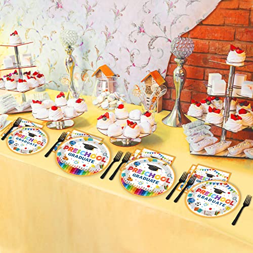 Image of Preschool Graduation Party Supplies Pre-K Grad Tableware Set Kindergarten Graduation Plate Napkin Kindergarten Disposable Paper Dinnerware Kit for Graduate Party decoration Favor 24 Guest (White)