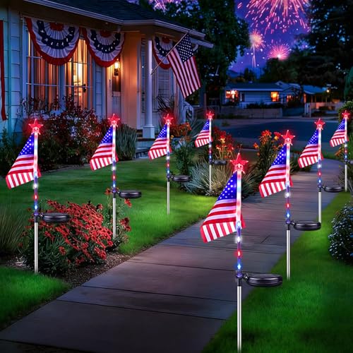 8 Pack American Flag Solar Lights Outdoor 4th of July Decorations Red White and Blue Star Lights 2 Modes Waterproof Solar Patriotic Lights for 250th Anniversary Independence Memorial Day Garden Yard