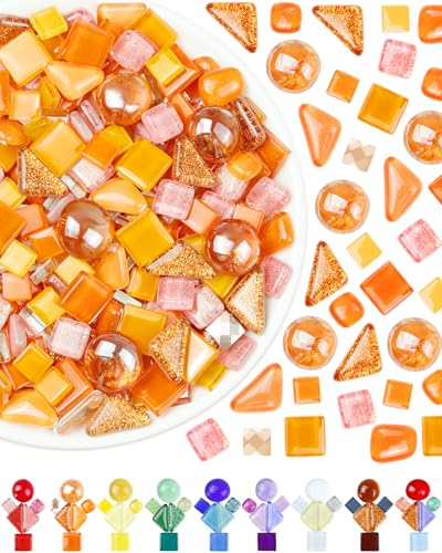 FIVEIZERO 420g Mosaic Tiles for Crafts - 280Pcs Glass Mosaic Kits Mixed Shapes Mosaic Glass Pieces for Art Irregular Tiny Mosaic Tile for DIY Projects Home Decoration(Orange)