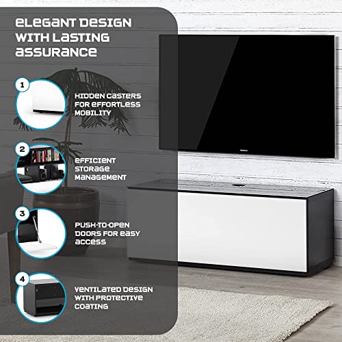 Image of SONOROUS ST-110 Premium TV Stand with Black Glass & White Wood Cover - Modern Entertainment Center & Media Console for Living Room - TV Cabinet up to 65 Inch with Hidden Wheels - Sleek Storage Design