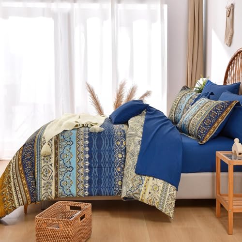Image of Cottolester Boho King Comforter Set 8 Pieces,Brown Blue Bohemian Comforter Paisley Striped Bed in A Bag,Soft Microfiber Bedding Set for All Season