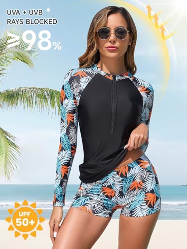 Womens 2 Piece Rash Guard Swimsuit UPF 50+ Zip Swim Shirt and Shorts Long Sleeve Bathing Suits with Build in Bra3