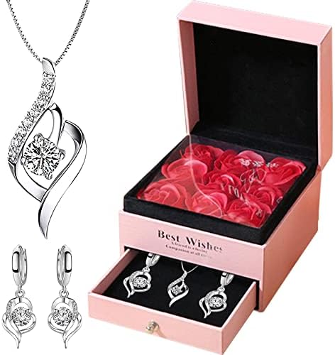 Qzgyoool Preserved Red Rose with Moissanite silver Necklace and Pair of Earrings -Eternal Flowers Rose Gifts for Mom Wife Girlfriend Her on Mothers Day Anniversary Birthday Gifts for Women