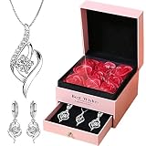 Qzgyoool Preserved Red Rose with Moissanite silver Necklace and Pair of Earrings -Eternal Flowers Ro