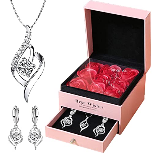 Qzgyoool Preserved Red Rose With Moissanite Silver Necklace And Pair Of Earrings -Eternal Flowers Rose Gifts For Mom Wife Girlfriend Her On Mothers Day Anniversary Birthday Gifts For Women #TOP3