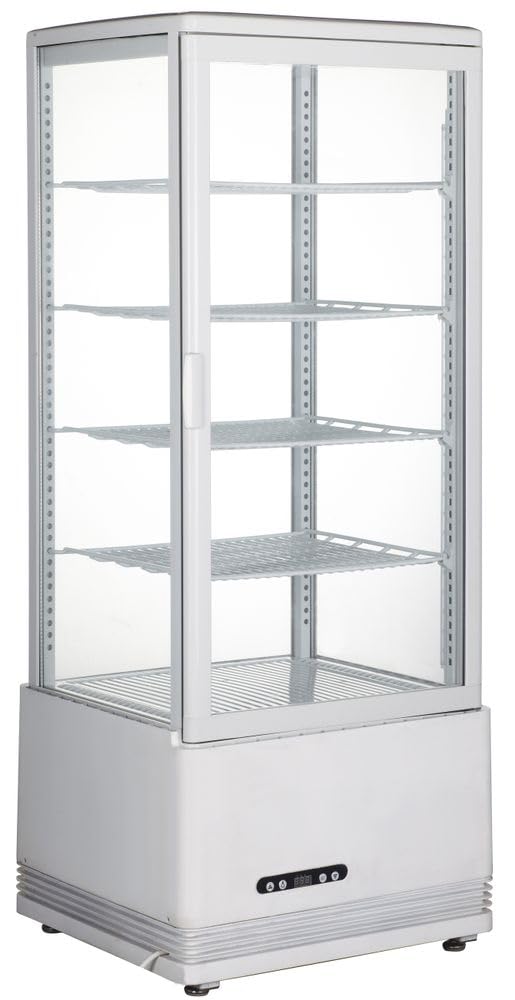 HENDI Vitrina expositora refrigerada, descongelación automática, sistema antivaho, 4 estantes, iluminaciónED, etiqueta energética C, 98L, 230V, 210W, 452x406x(H)1116mm, Blanco, ABS, doble cristal