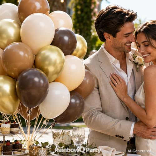Image of RainbowQ Brown and Gold Balloons: 67PCS 12 inch Tan Sand White Metallic Gold Latex Helium Coffee Balloons Set for Anniversary Wedding Birthday Party Decorations