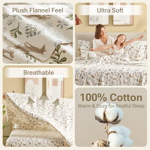 Sleep Philosophy True North 100% Cotton Flannel Sheets Twin Size, Cozy Flannel Sheet Set Brushed for Extra Softness, Heavyweight Novelty Print Warm Flannel Bedding Set, Tan Woodland Winter 3 Piece