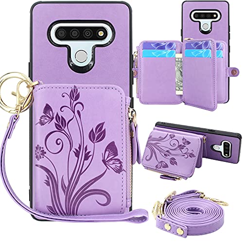 Lacass [Cards Theft Scan Protection] Crossbody Chain 8 Card Slots Holder Zipper Pocket Wallet Case PU Leather Cover with Wrist Strap Loop Kickstand Carrying Pouch Bag for LG STYLO 6(Purple)