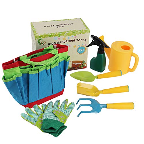 Kit d'outils de jardin pour enfants - 7 pièces - Outils de jardin pour garçons et filles - Jouet de jardin avec sac à outils de jardin pour arrosoir, gants, pelle, râteau, fourchette (A) Cover
