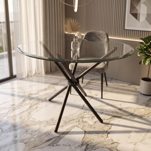 Image of Folding Dining Table for Office, Home, Cafe - 36-inch Round 12 MM Thick Toughened Glass Top with Stainless Steel Frame (Black Powder Coated)