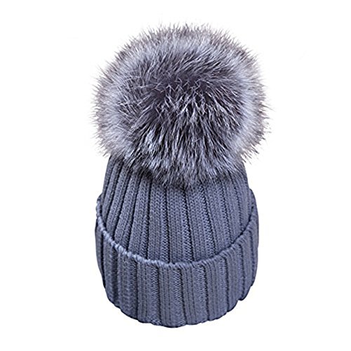 Bonnet d'hiver tricoté doublé chaud avec pompon fausse fourrure pour adulte
