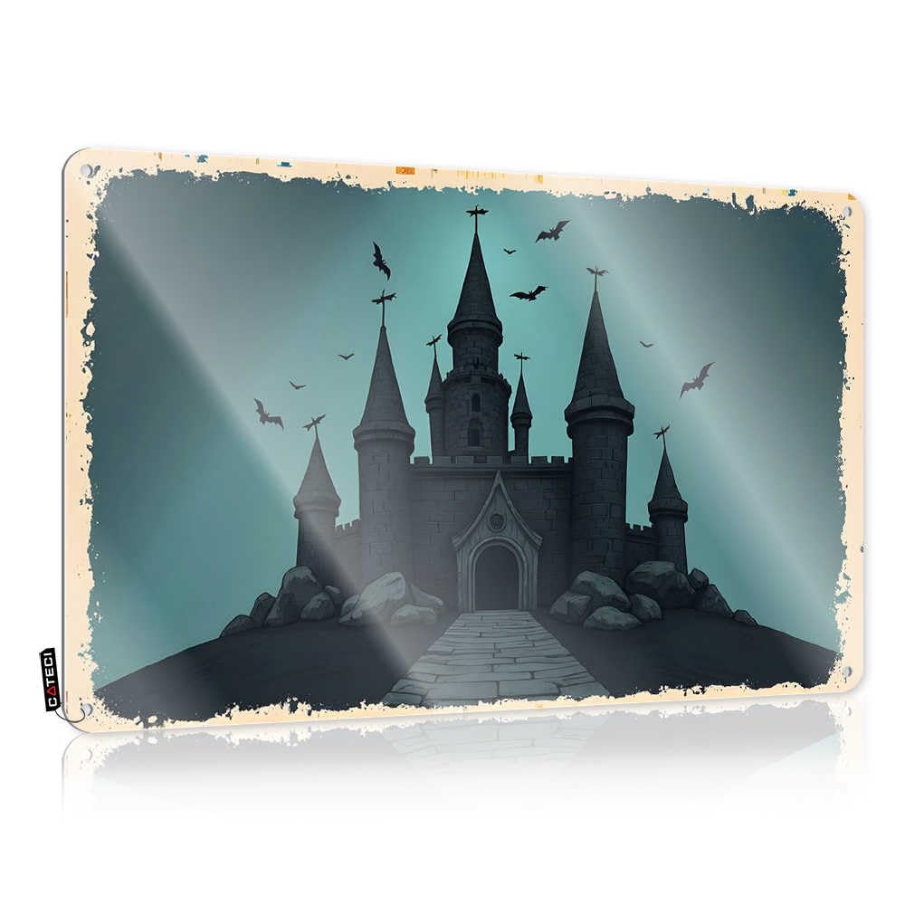 Fzfn Colour Vintage Wall Decor Bath Decor Vintage Wall Decor | Halloween Castle With Bats Flying In The Sky Modern Designer For Garage Home Decoration(20X30cm)