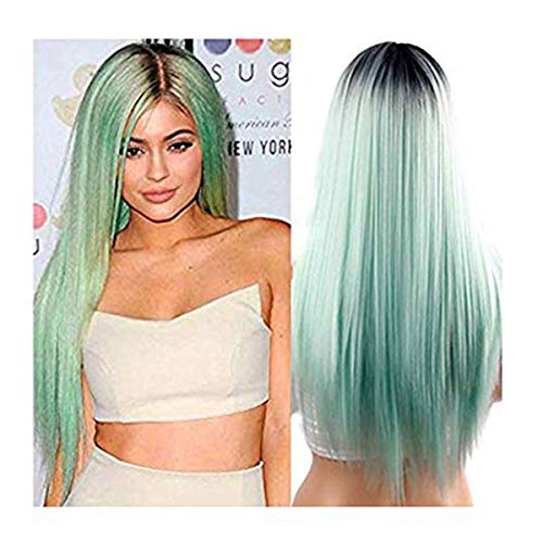 Showcoco Synthetic Wigs Long Straight Ombre Wig Heat Resistant Fiber Mint Green Black Roots Full Wigs Middle Part Wigs For Woman.(24inch)
