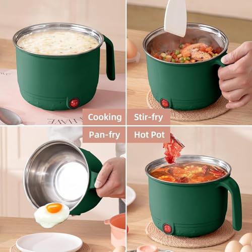 Image of Electric Multipurpose Cooking Pot 1.2L with Steamer Basket & Glass Lid - Stainless Steel Inner Mini Cooker, Portable Hot Pot for Rice Noodles Soup Pasta | Travel Cooker for Home, Office, Hostel (Green)