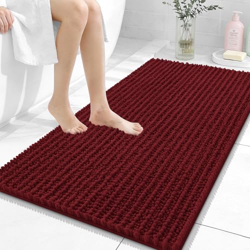 Image of OLANLY Bathroom Rug Mat 44x24, Thick Soft and Absorbent Chenille Bath Mat, Non-Slip Rubber Backing, Machine Washable Quick Dry Bath Rugs for Tub Shower Floor, Home Decor Accessories, Burgundy