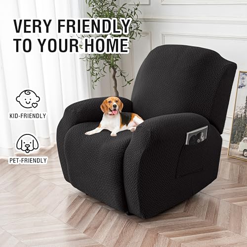 Image of Genina Recliner Chair Cover, Stretch Reclining Chair Covers, Recliner Sofa Slipcovers Stripe Jacquard Lazy Couch Covers Furniture Protector Covers for Pet Kid (Black, 1 Seat)
