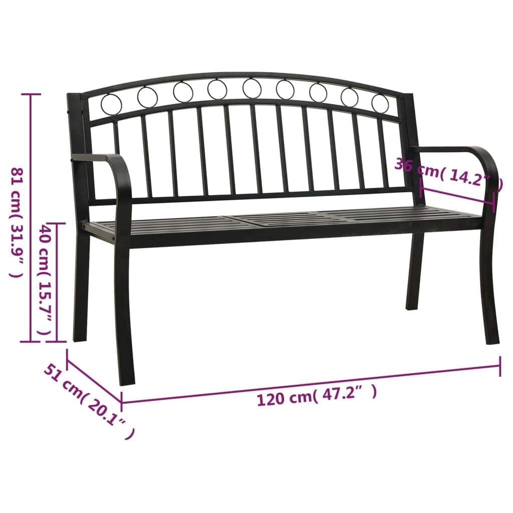 Gartenbank mit integriertem Tisch 120 cm Schwarz pulverbeschichteter Stahl Modernes Design Robust und langlebig für Garten Balkon und Campingplatz