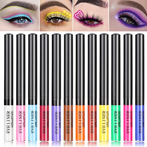 Liquid Eyeliners 12 Colors Liquid Colorful Eye Liner Set High Pigment Colored Eyeliner Gel Waterproof Makeup Liner for Women, Long Lasting, Sweatproof, Smudgeproof, Multi Bold Colors Eyeliner Kit