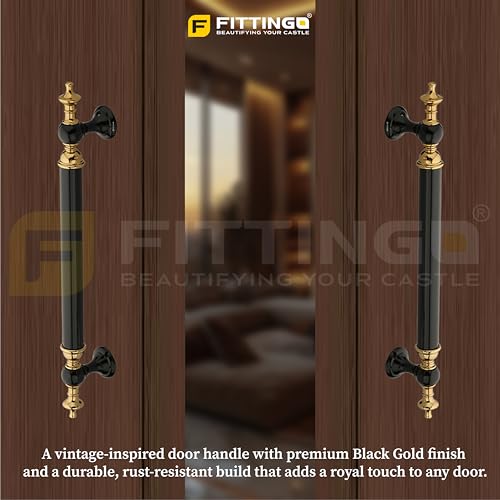 Image of Vintage Royal Main Door Handle | 12 Inch Premium Pull Push Handle for Home, Office, Hotels & Villas | Stainless Steel Black & Gold Finish |Hole to Hole 300mm | 3 Years Warranty