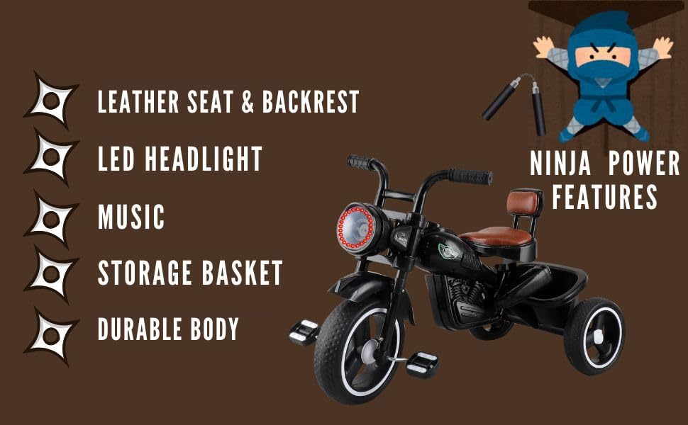 Image of JoyRide Ninja Plug N Play Durable Kids /Pedal Baby Tricycle, Storage Basket, Leather Seat, Led Headlight, Music for 18 Months to 5 Years Boys /Girls /Carrying Capacity Upto 30 Kgs (Black)