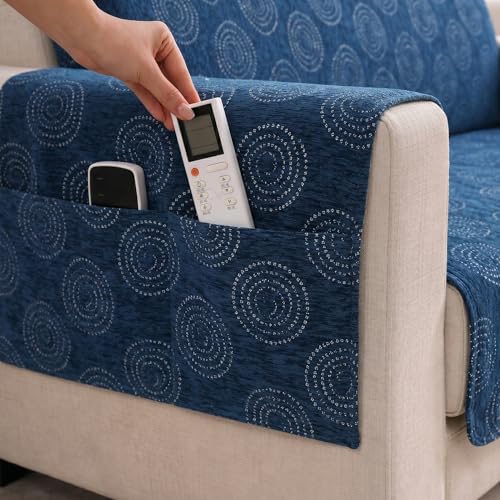 Image of STITCHNEST 'Opulence Series' Floral Woven Sofa Cover for 2 Seater | Premium Soft Fabric Sofa Protector | Blue Circular Pattern with Tassel Edge Finish | Durable Living Room Furniture Cover