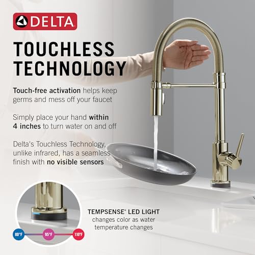 Image of Delta Trinsic Pro Touchless Kitchen Faucet with Touch Technology, Pro Style Commercial Kitchen Faucet with Pull Down Sprayer, Polished Nickel 9659TL-PN-DST