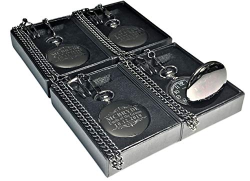 3 Custom Engraved Pocket Watches Gift Set for Men or Women - Groomsmen Personalized Watch with Chain and Box Included - Engraving Included, Wedding Set for Him or Her. (Black)