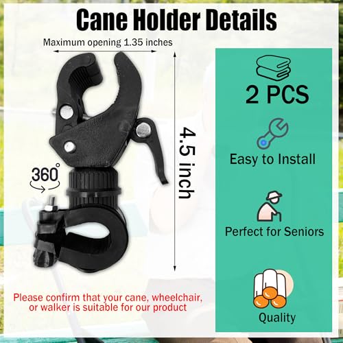 SADIKALO Cane Holder for Walker - 2pcs Wheelchair Rollator Crutches & Walking Stick Holder - Adjustable Accessories for Seniors