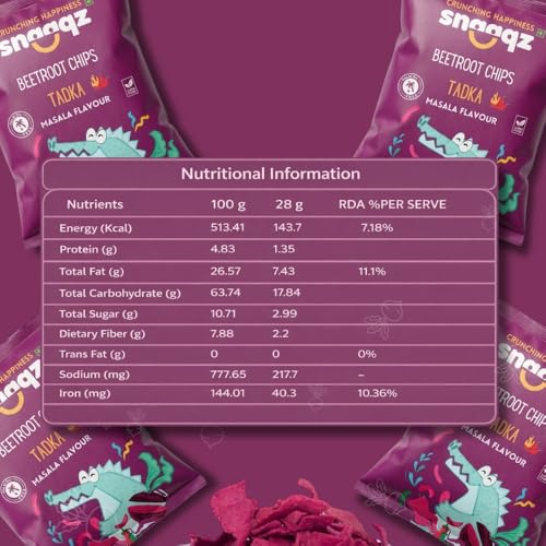 Image of Snaaqz Beetroot Chips Tadka Masala Flavour | Crunchy Vegetable Chips | Palm Oil Free Snack | Ready-to-Eat Healthy Snack for Kids & Adults (Pack of 4 x 70g)