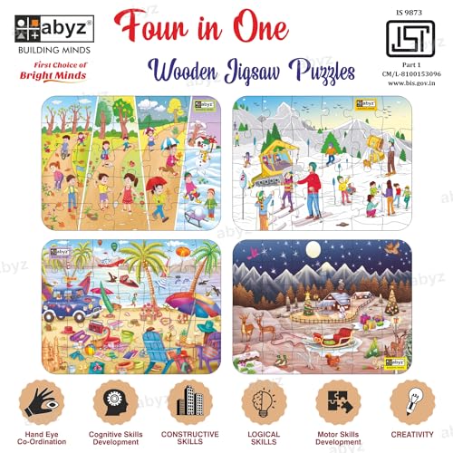 Image of ABYZ Wooden Jigsaw Snow Adventure, Seasons, The Beach House, Christmas Puzzle 120pcs for Kids of Age 3-5 Years, Set of 4