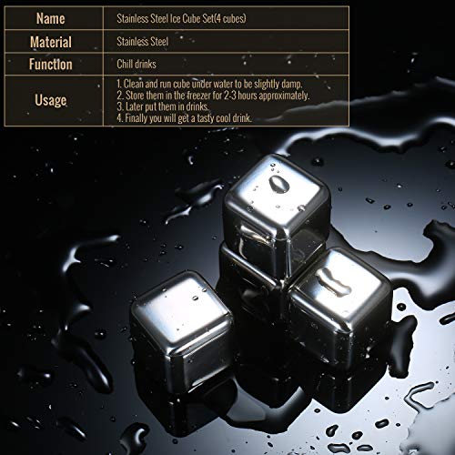 Loijon Cubo de gelo em aço inoxidável 304 Conjunto de 4 pedras de resfriamento reutilizáveis com cai