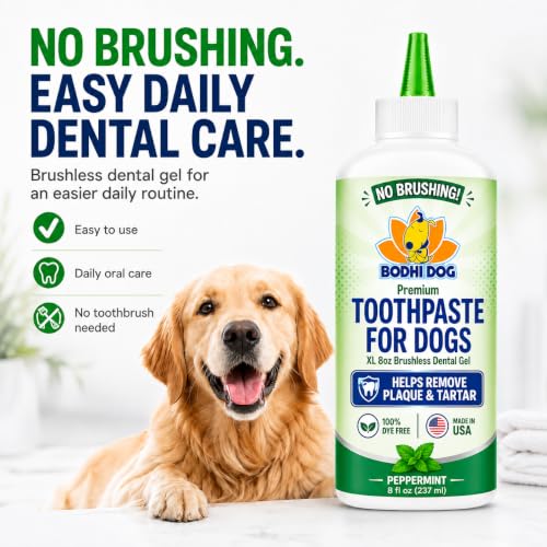 Bodhi Dog Pet Dental Gel - Toothpaste for Dogs & Cats - Plaque Remover & Breath Freshener - Thicker Formula - Safe & Non-Toxic - Helps Prevent Tartar Build-Up - Made in USA (8 Fl Oz)