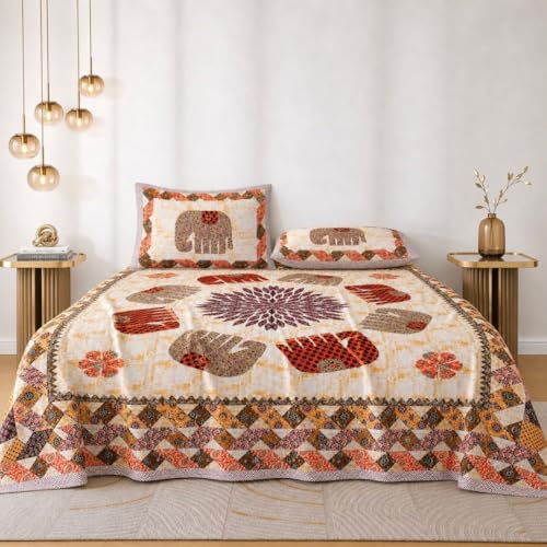 Image of Jaipur Weaves Jaipuri Double Bed Cotton Bedsheet Queen Size 90x100, 144 TC 100% Pure Cotton Bed Sheet with 2 Pillow Covers, Royal Elephants Traditional Print (Royal Elephants Orange)