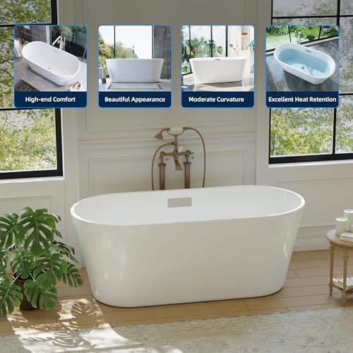 Image of 59 Inch Acrylic Freestanding Bathtub, Deep Soaking Tub with Non-Slip Base, cUPC Certified Free Standing Tub, Chrome Drain Bath Tub, Modern Tub for Bathrooms, White