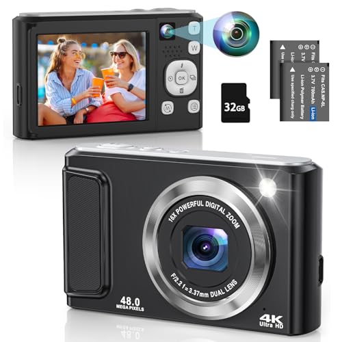 4K Digital Camera for Photography, 48MP Autofocus Vlogging Camera with Dual Camera, Flash, Anti-Shake, 16X Digital Zoom Point and Shoot Camera for Teens Boys Girls