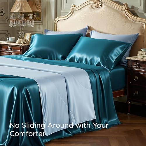 Image of Bedsure Teal Satin Sheets Queen Size, Soft Silky Bedsheets for Hair & Skin | Similar to Silk Bed Sheets Set 4 Piece with 15 Inches Deep Pocket Fitted Sheet,1 Flat Sheet, 2 Satin Pillowcases