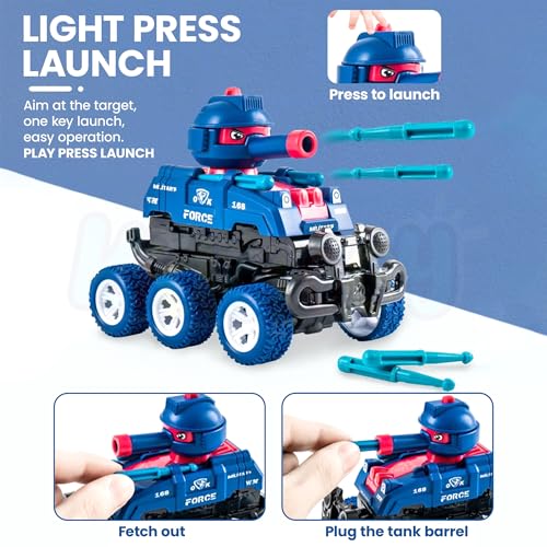 Image of Kidology Transforming Tank Toy Car for Kids | Friction Powered Military Vehicle with Collision Transformation, Pop-Up Soldier, Rotating Turret & Press-to-Launch Missiles - Ages 3+ (Dark Blue)
