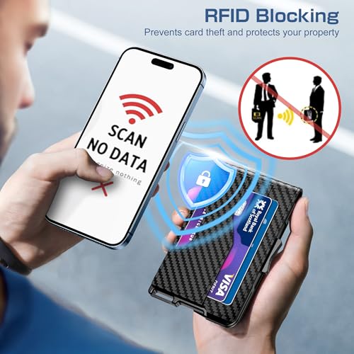 Image of Wallet for Men - Pop Up Case, Cash Slot, and Credit Card Wallet - Slim Minimalist Aluminum Front Pocket Wallet with RFID Blocking /ID Window (Vertical Carbon Fiber)