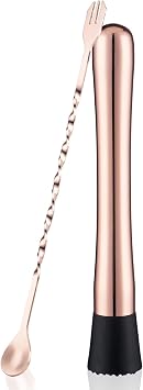 Muddler and Mixing Spoon for Cocktails, 10 Inches Bar Mixing Spoon, 8 Inches Muddler - Premium 2 Piece Rose Gold Bar Tool Set for Drinks
