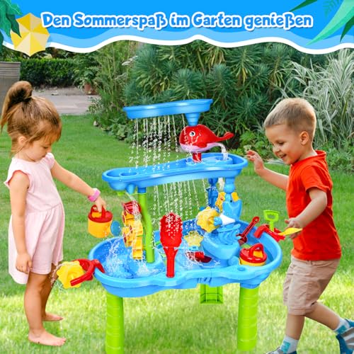 JONRRYIN Sand Wassertisch für Kleinkinder, 3-Tier Kinder Sand Wassertisch Spielzeug, Wasserspieltisch Outdoor Strandspielzeug, Groß Spieltisch Sommer-Wasserspielzeug für Jungen Mädchen 3 4 5 6 7 Jahr