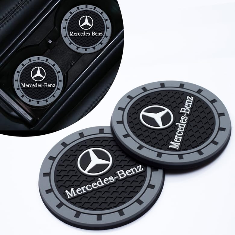 2 Pieces Silicone Non-Slip Car Cup Holder Coasters — Fit for Mercedes Benz A C E S Class Series GLK CLA GLA GLC GLE CLS SLK AMG Series — Car Coasters with Car Logo Car Accessories (2.75 Inches)
