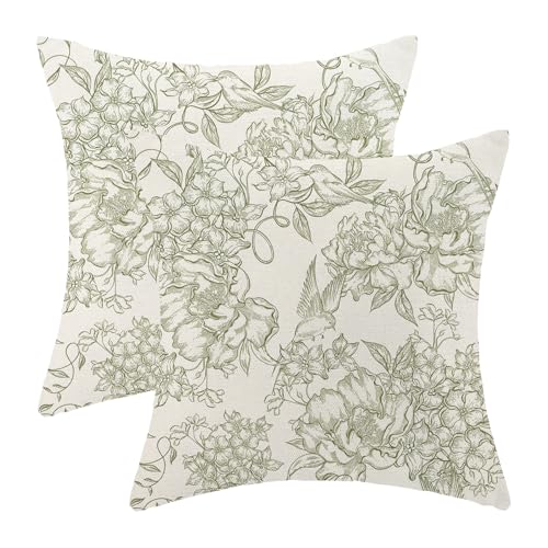 OFIRD Chinoiserie Floral Pillow Covers 18x18 Pack of 2 Vintage Sage Green Flower Birds Throw Pillow Cover Outdoor Decor Spring Summer Floral Pillowcase Farmhouse Decorative Cushion Case for Home Sofa