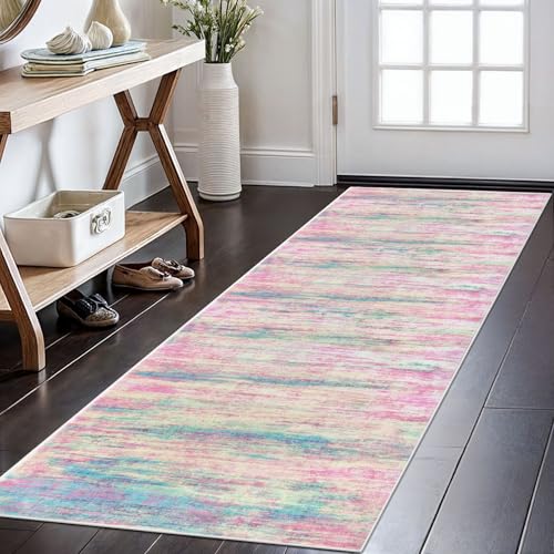 KOZYFLY Modern Abstract Runner Rug 2x6 Multi Pink Runners for Hallways Kitchen Rug Non Slip Washable Carpet Rug Runner Laundry Mat with Soft Low Pile for Entryway Bathroom Bedroom Kitchen