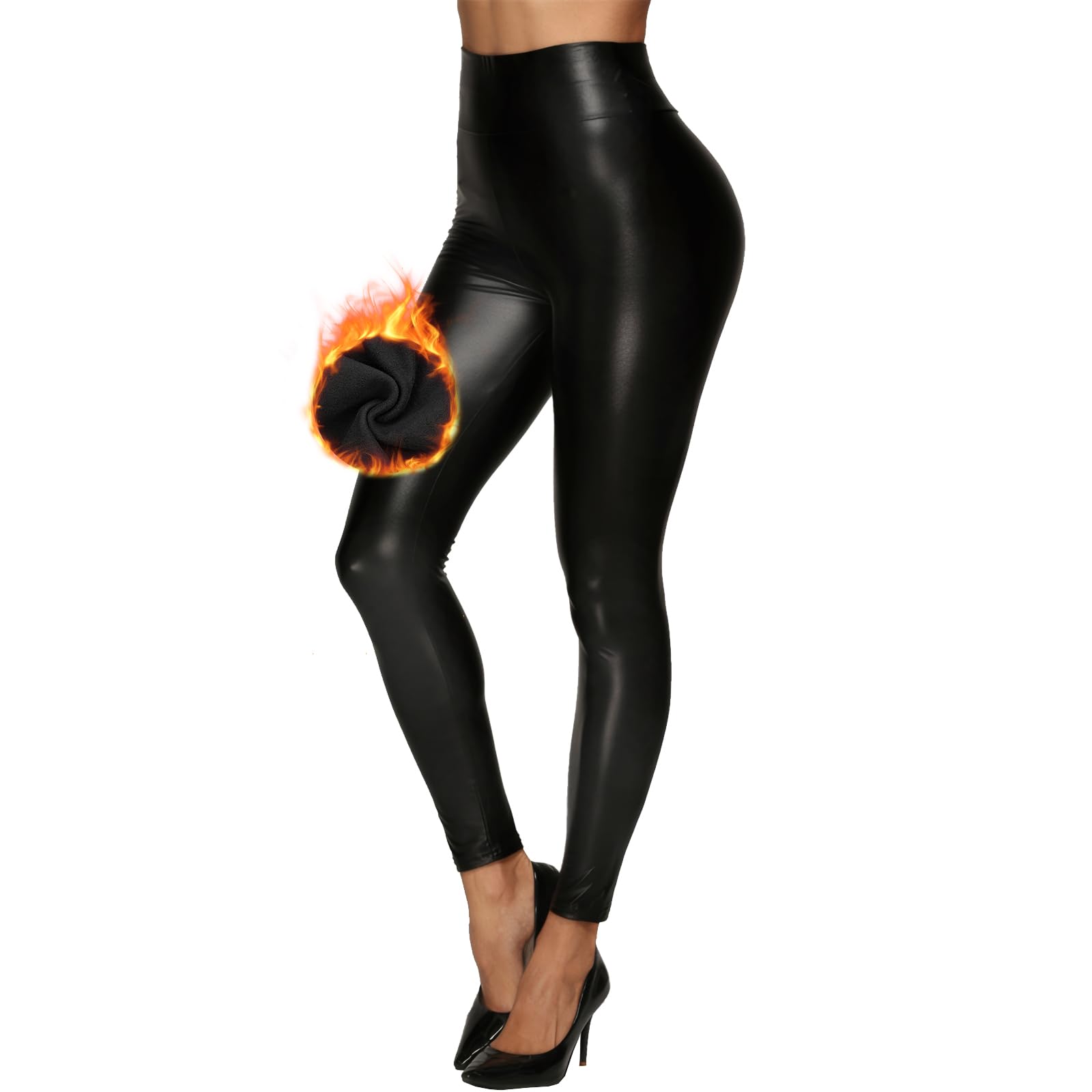 Lishang Women's Faux Leather Leggings High Waist Leather Trousers Leather Leggings Trousers Tights Leather Look Leggings Sports Gym Thermal Leggings for Women Winter XL Matte black - thin fleece