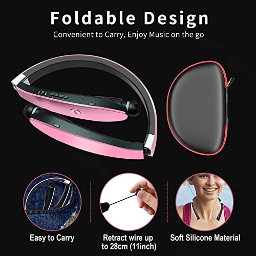 Image of Foldable Bluetooth Headphones, Wireless Neckband with Retractable Earbuds, Stereo Noise Cancelling Headphones with Carrying Case for Sports and Exercise (Gold)