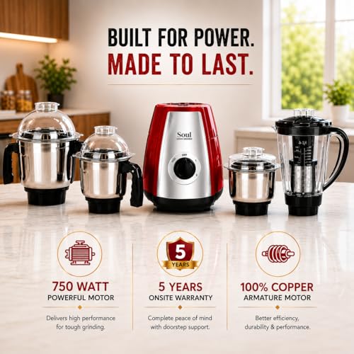 Image of Pringle Soul Maxx 750W Mixer Grinder 4 Jar | 5 Yr Warranty | 60 Min Non Stop Running | 3 SS Jars (Liquidizing, Wet & Dry Grind, Chutney Jar) 1 Juicer Jar | Copper Motor | SS Blades | Red