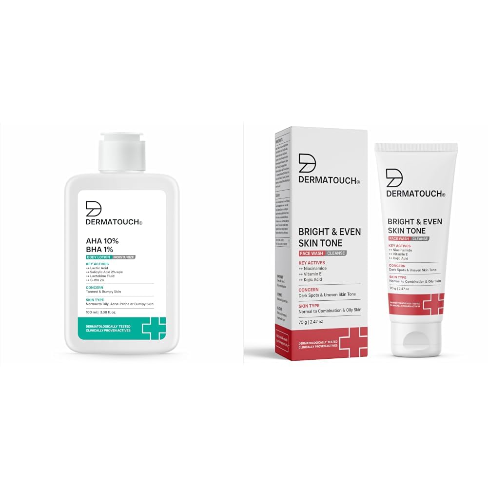 DERMATOUCH AHA 10% BHA 1% Body Lotion For Men and Women 100ml & Bright & Even Tone Face Wash with Niacinamide, Vitamin E and Kojic Acid 70g-image-39