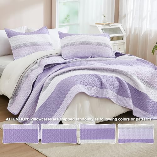Image of Andency Queen Quilt Bedding Set Lavender, 3 Pieces Patchwork Purple Striped Ultra Soft Lightweight Bedspreads, Coverlets Set with 2 Pillow Shams for All Seasons (90 inchx96 inch)