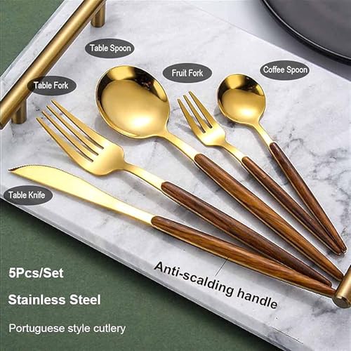 Image of aDai 10 pcs Golden Flatware Cutlery Set - Stainless Steel with Wooden Handle Tableware Set - 4 Spoons, 4 Forks & 2 Steak Knife